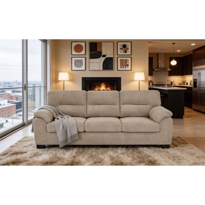 3-Seater Sofa, Camel Upholstered Couch, Modern Living Room Furniture, Textured Fabric Sofa, Minimalist Settee, Comfortable Armchair, Sturdy Frame Sofa