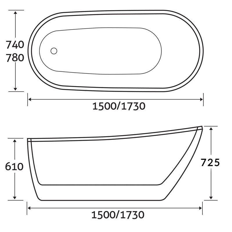 1730mm x 780mm Freestanding Soaking Acrylic Bathtub
