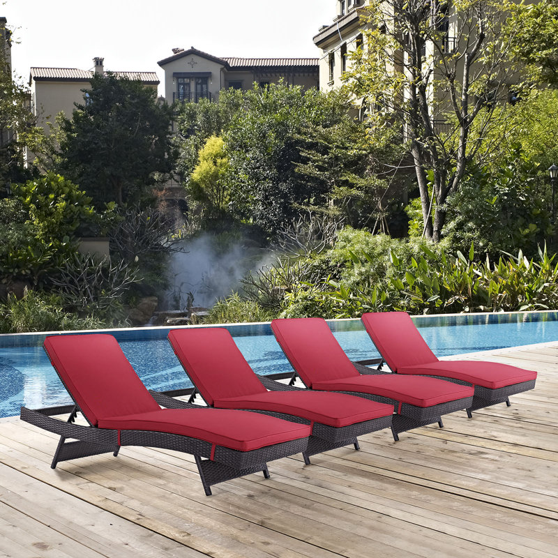 Modway Convene Wicker Rattan Outdoor Patio Chaise Lounge Chairs in Espresso, Red