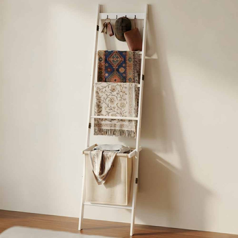 Échelle de couverture en bambou avec panier, 4 crochets et panier de rangement, blanc