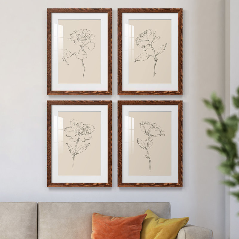 Floral Contour Study I - Ensemble de 4 cadres photo, Érable encadré, H 24 po x l 72 po x P 1,5 po