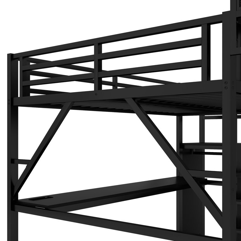 Grand lit mezzanine avec bureau, station de charge, garde-robe et éclairage, fabrication en métal, garde-robe d'escalier à finition noire, noir, grande capacité