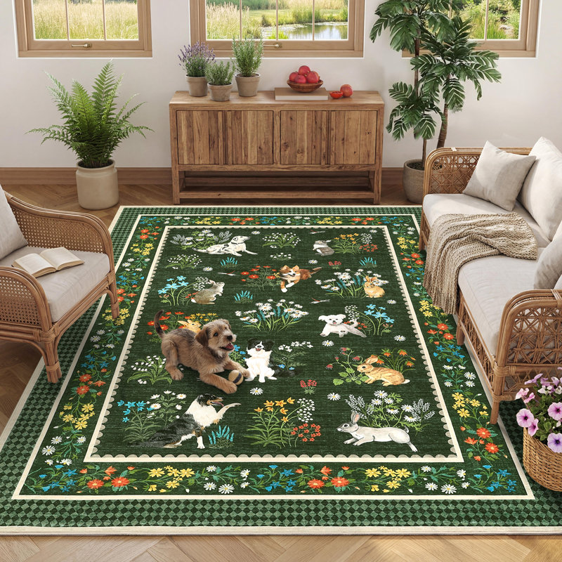 Tapis lavable à la machine Cute, Vert, Rectangle 5 pi x 7 pi