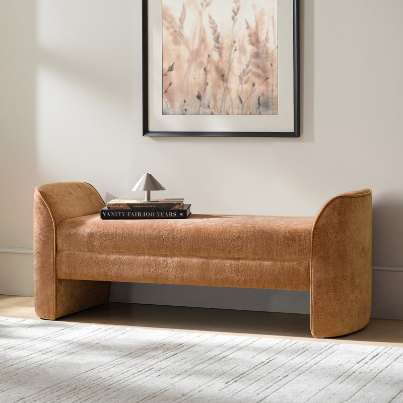 Arlesia Modern 57"W Chenille Fabric Easy Assembly Upholstered Bench, Caramel