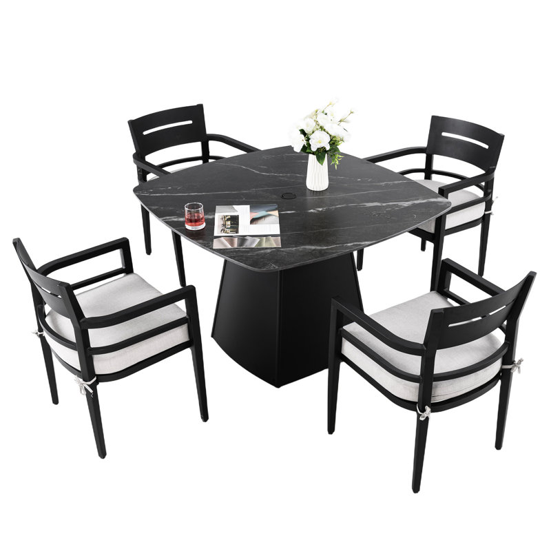 5 chaises de patio pour l'extérieur avec table carrée en bois fritté de 44 po de hauteur, structure en aluminium et coussins rouille moderne