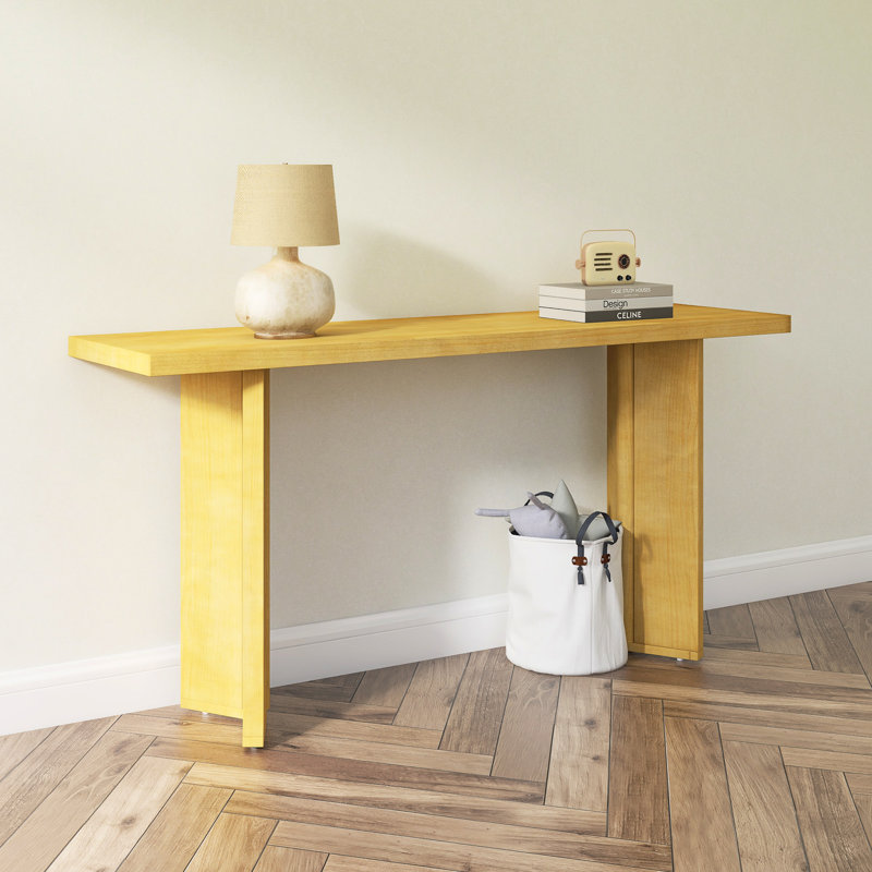Élégante console avec placage de pin et pieds géométriques, Bois naturel