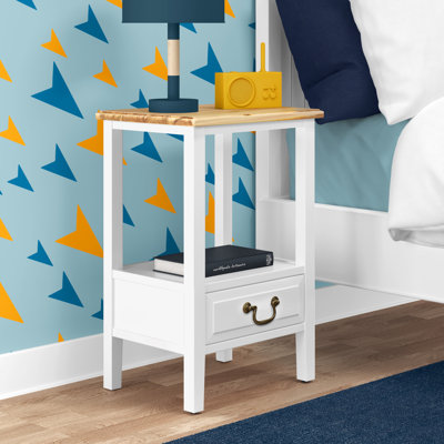 Harris ClickDecor Harris Bedroom Storage Nightstand End Table, Natural Acacia Wood Top, Solid Wooden Legs, Farmhouse Bedside Furniture For Mid-Century Modern Bedrooms, White