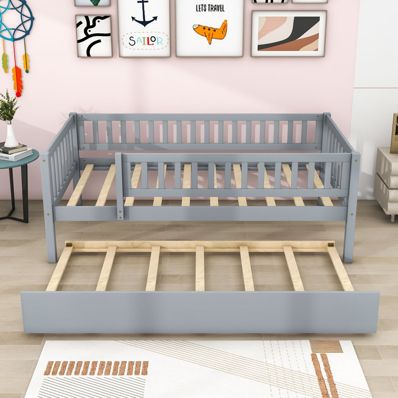 Wood Daybed with Twin Trundle and Guardrails, Gray, Twin