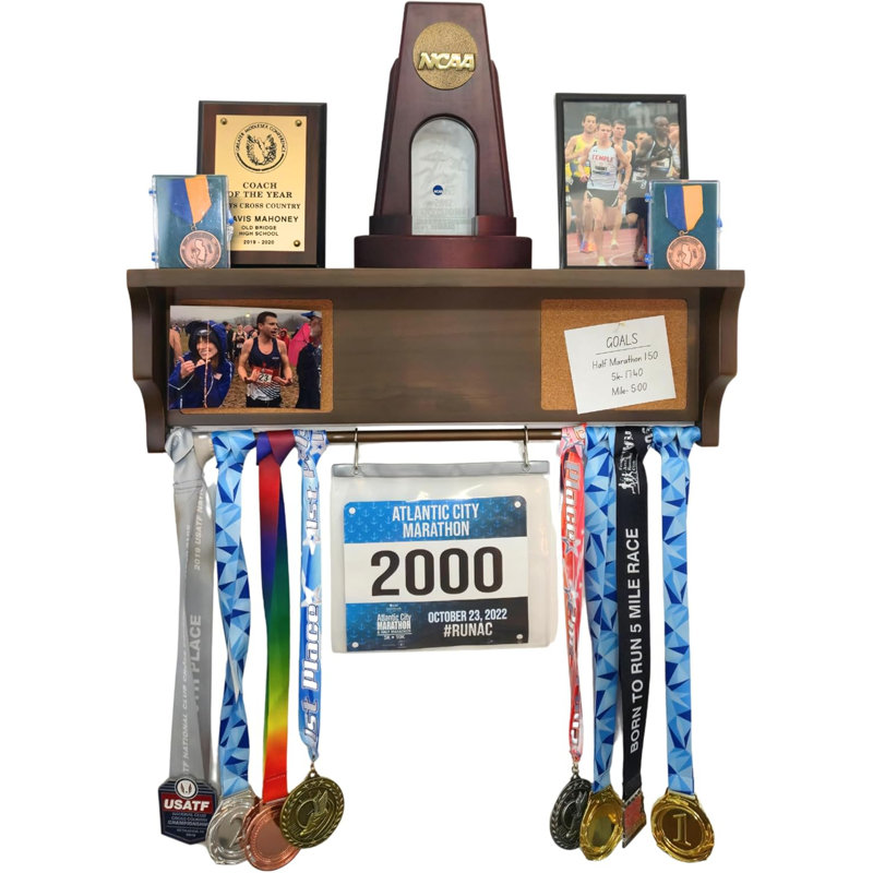 All-in-1 Medal Award Display - 23" Trophy Shelf, Bib Hanger, Plaque, Picture, Race Photo and Lanyard Medals. Patented Groove Design