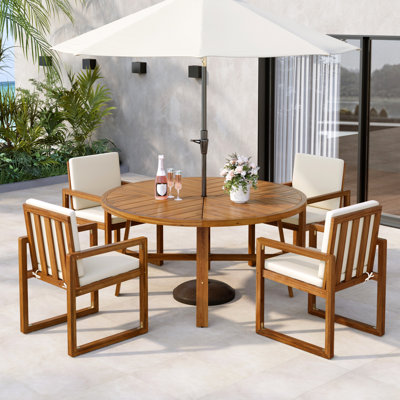 Ensemble de salle à manger d'extérieur 5 pièces 5 pièces Ensemble de mobilier d'extérieur en bois d'acacia avec quatre fauteuils et une table pour le jardin, le balcon, la cour arrière, beige