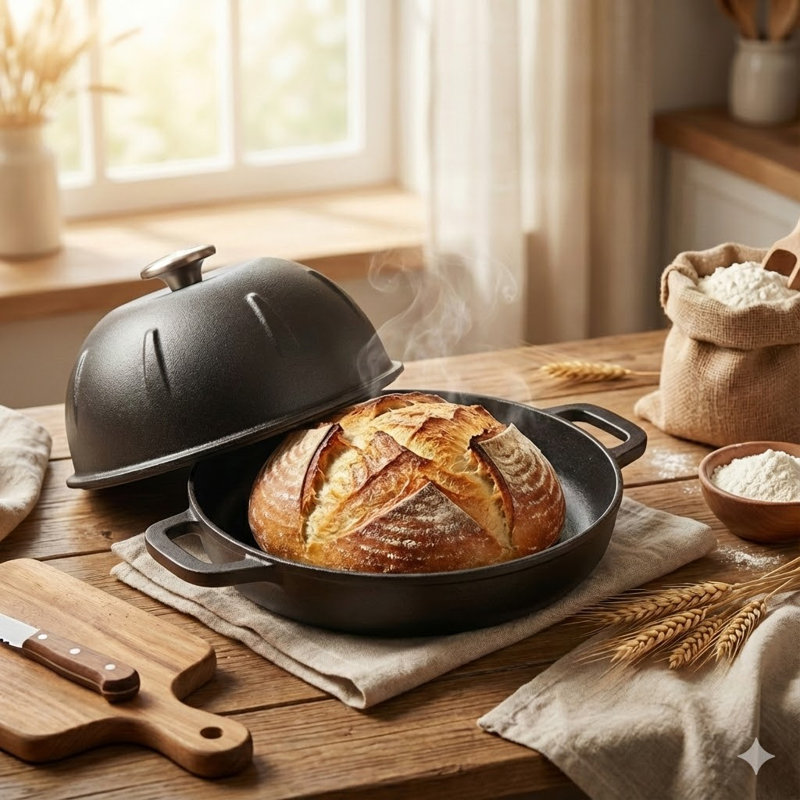 Cuisiland Pre-seasoned Heavy Duty Cast Iron Bread Cloche – Dome Lid Dutch Oven For Artisan Sourdough Baking – Heat-retaining, Bakeware For Crispy Crust & Even Baking – Oven Safe