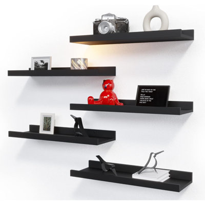 Ensemble de 5 étagères flottantes avec rebord, étagère murale en bois noir, tablette de présentation pour photos, étagère anti-chute pour la décoration murale de la chambre, rangement pour les livres de chambre d'enfant, installation facile, 40 cm