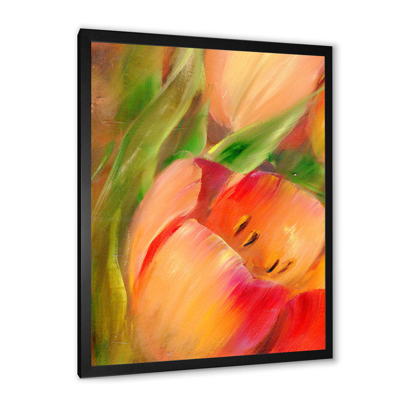 Peinture rétro sur tulipes rouges - Peinture sur toile, H 20 po x l 12 po x P 1 po, Toile avec cadre photo noir