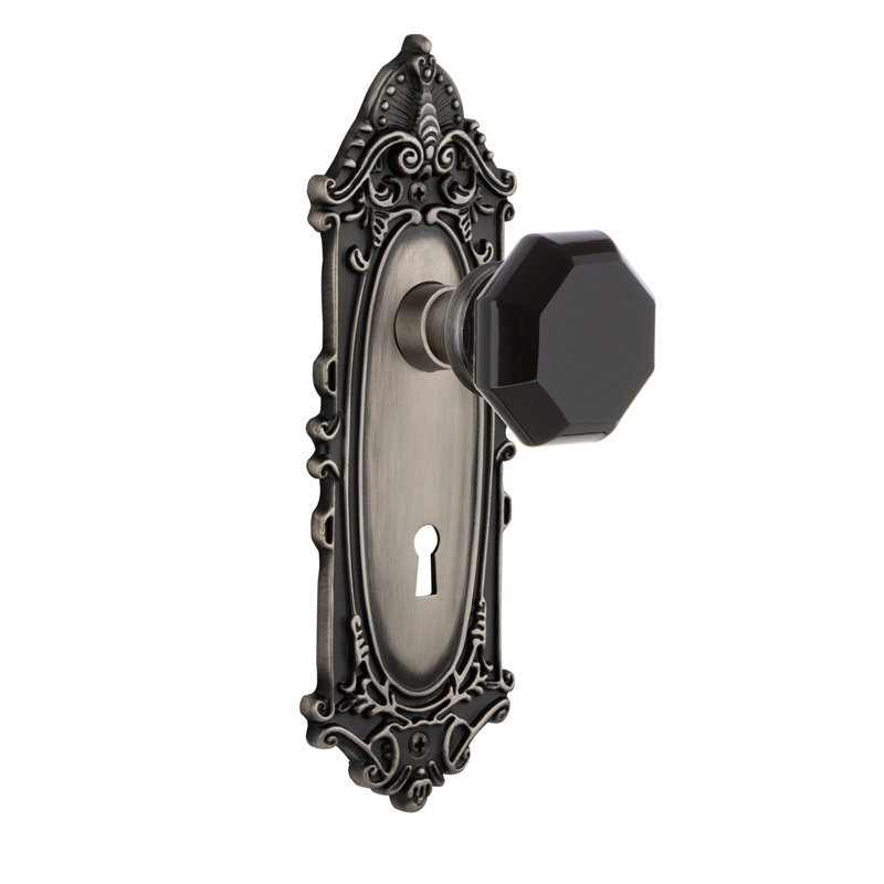 Victorian Plate with Decorative Keyhole and Waldorf Black Door Knob, Antique Pewter