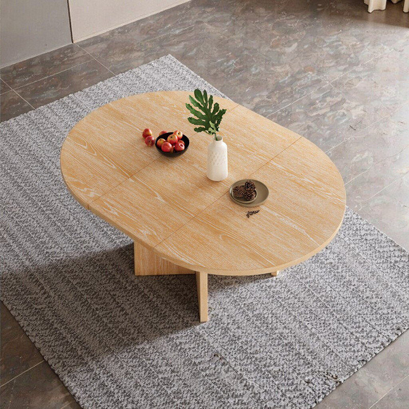 Table de salle à manger ronde en bois massif avec plateau extensible pour la maison, Naturel
