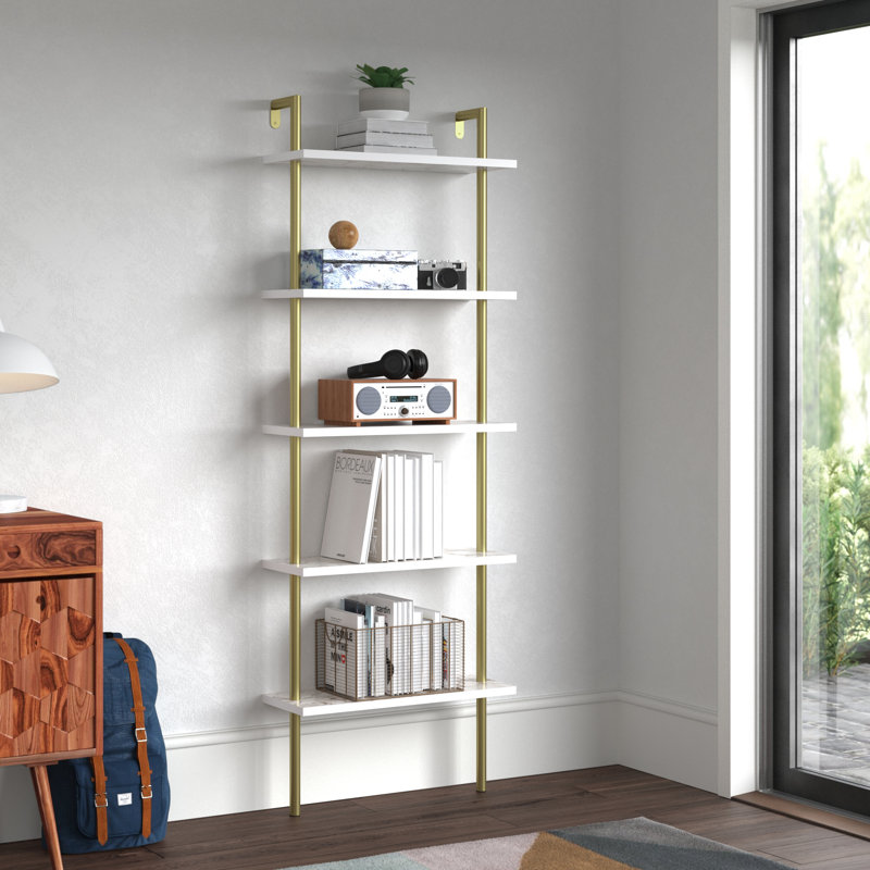 Iker 174cm H x 60cm W Stainless Steel Ladder Bookcase, Gold/White