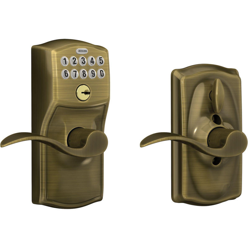 Accent Keypad Lever with Camelot Trim, Antique Brass, Yes, Reversible