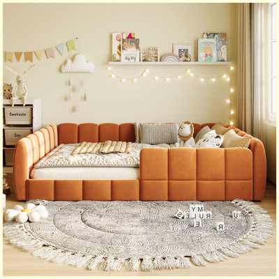 Pumpkin Orange Full Size Velvet Upholstered Floor Bed