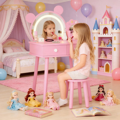 Wooden Kids Vanity Table with Lights, Storage Drawers and Stool