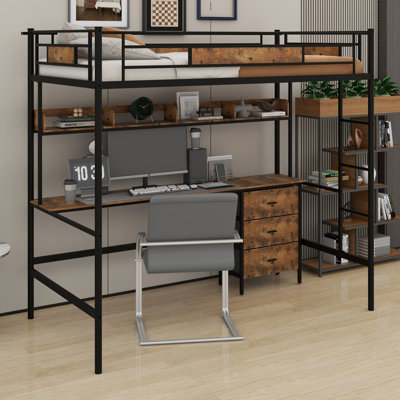Metal Frame Loft Bed With Desk, Built-In Charging Station, Fabric Drawers, Shelves And Safety Guardrail