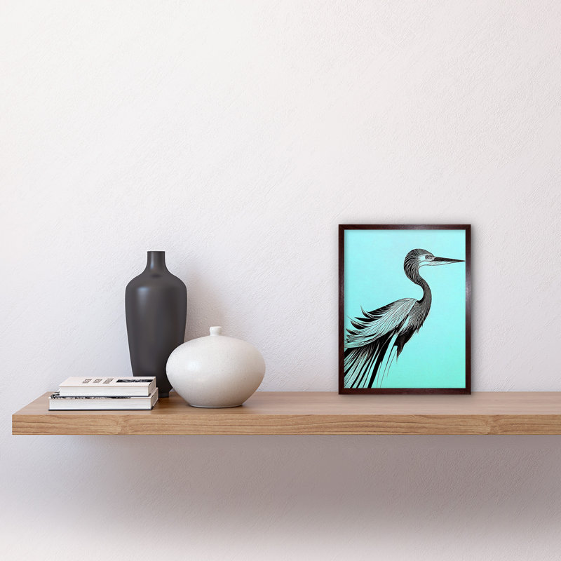 Heron Illustration Pen Ink Black Blue - Print, Brown Framed Unframed, 25.9cm H x 20.6cm W x 1.5cm D
