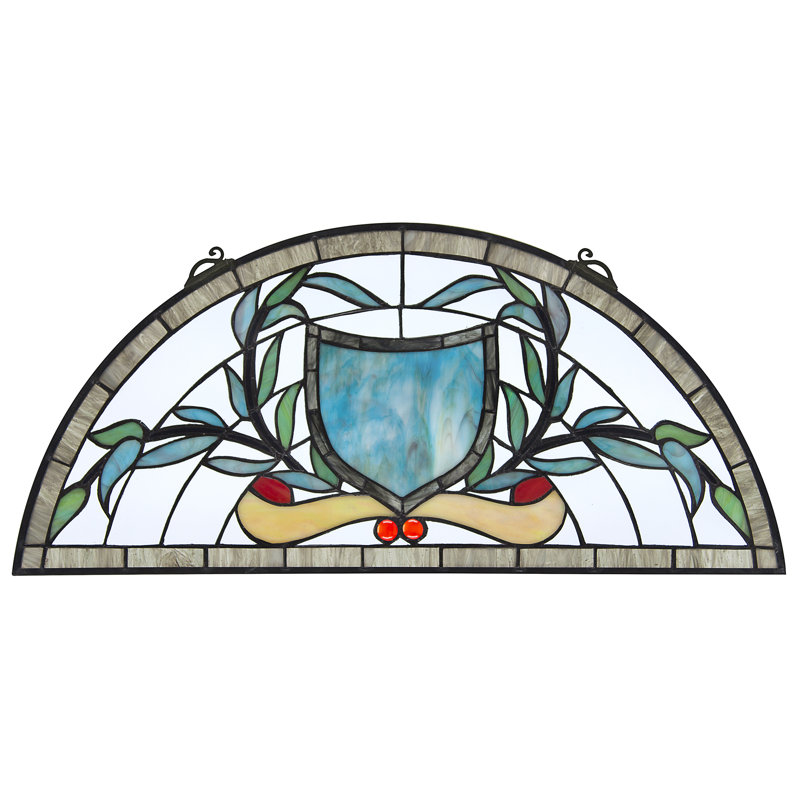 Sky Blue and Green Stained Glass Demi-Lune Window Panel