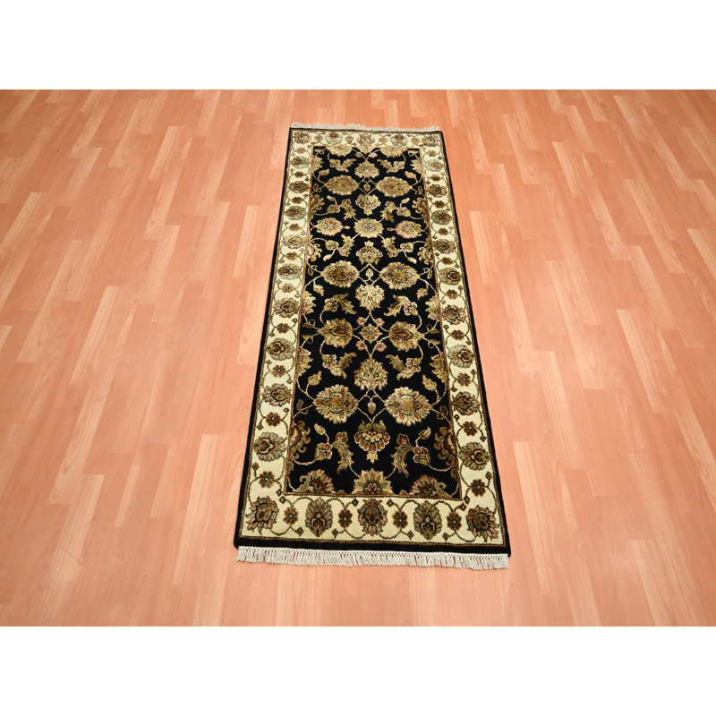 Tapis cavalier noir 2 pi 7 po x 6 pi 2 po, Rajasthan avec motif de feuilles, noué à la main, velours doux, laine et soie