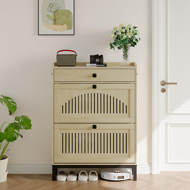 Range-chaussures à 2 portes avec tiroir, tablettes réglables et rangement pour chaussures dissimulé, Naturel