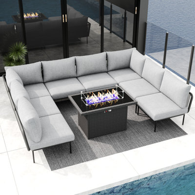  Outdoor Patio Woven Rope Wicker Modular 9 Pieces Sectional Set With Fire Pit Table And Cushions