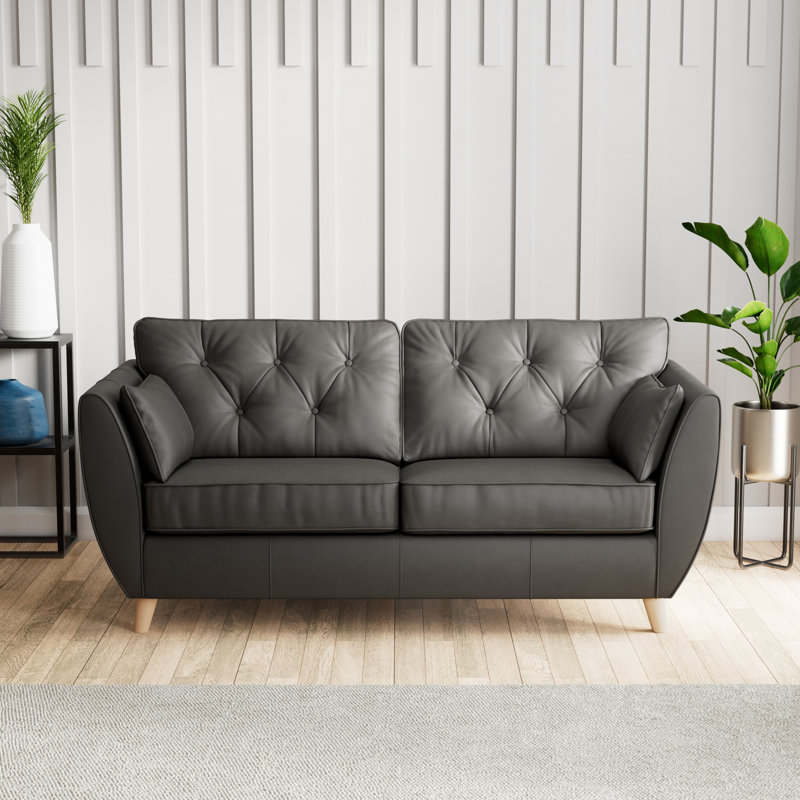 Marylin Leather 3 Seater Sofa, Raven, Light Wood