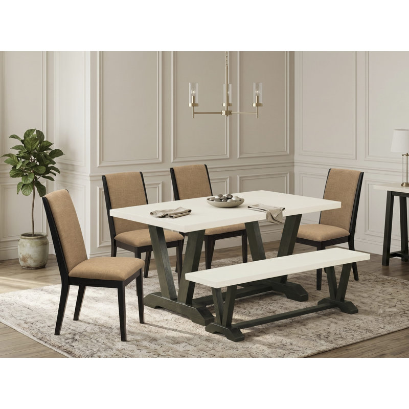 L'ensemble 6 pièces comprend une table de salle à manger en lin blanc, un banc de salle à manger et 4 chaises Parson en tissu de sable sable clair - finition noire brossée