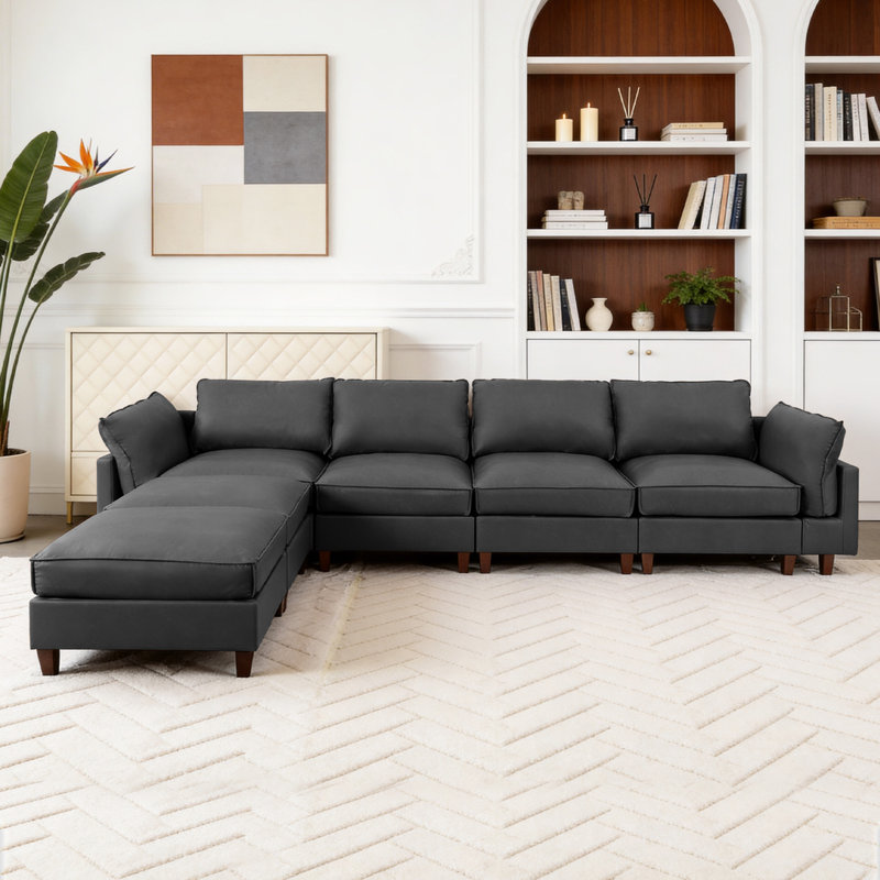 Canapé modulaire rembourré 4 pièces avec 2 repose-pieds, Faux cuir gris, H 38,1 po x l 160,6 po x P 37,4 po