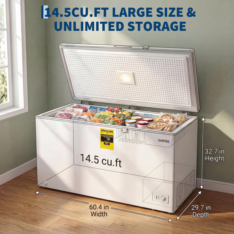 14.5 Cu. ft White Convertible Chest Freezer, Standalone Deep Freezer with Mechanical Dial Control, 6 Swivel Casters, 2 Detachable Wire Baskets & Child Lock for Garage, Kitchen and Basement