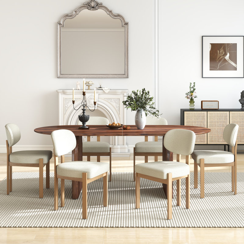 Mid Century Wooden Oval Pedestal Dining Table Sets, 7 Pieces: Table, 6 Chairs, Beige, Brown