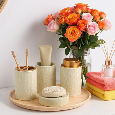 Decorative Craft Modern Bathroom Decorative Storage Box 4-piece Set Including Lotion Soap Dispenser Toothbrush  And Glass