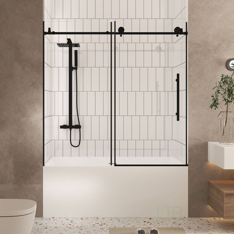 Frameless Shower Door With Clear Tempered Glass, Explosion Proof Film, And Stainless Steel Handle For Modern Bathrooms, Shower Door