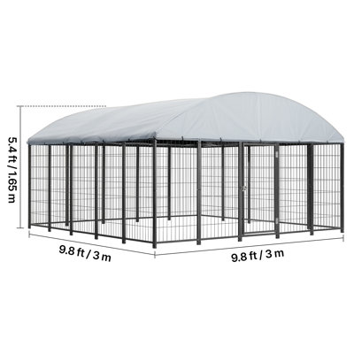Chenil d'extérieur pour chien, grand chenil pour chien 9,8 x 9,8 x 5,4 pi avec serrure sécurisée, enclos extérieurs pour chiens avec toit résistant aux rayons UV et imperméable, cage de cage robuste pour grands chiens