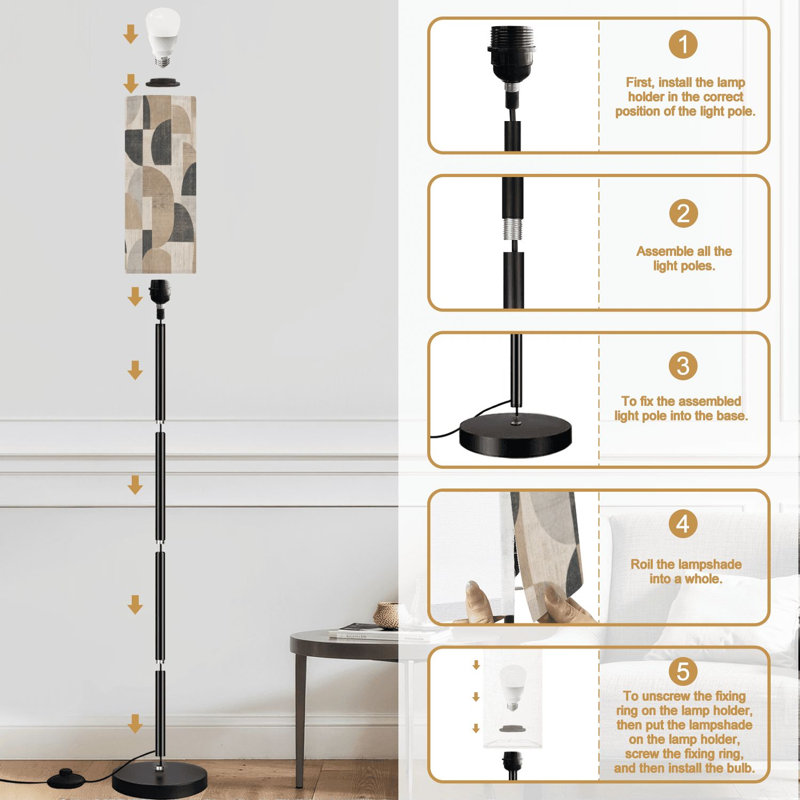 Lampe sur pied abstrait géométrique beige gris anthracite Arches Blocks moderne neutre à intensité variable avec télécommande interrupteur au pied ampoule abat-jour haut mât pour salon chambre bureau