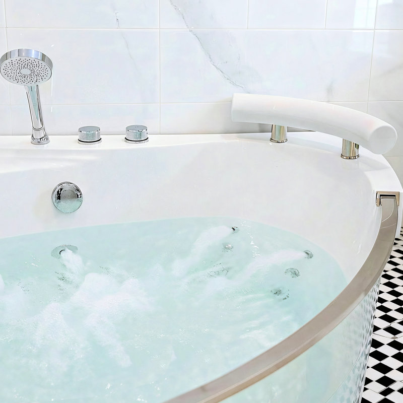 Baignoire d'hydromassage 59 jets pour 59 personnes de 59 pouces dans un coin en acrylique, avec chauffage, arc-en-ciel et trempettes confortables, système d'éclairage