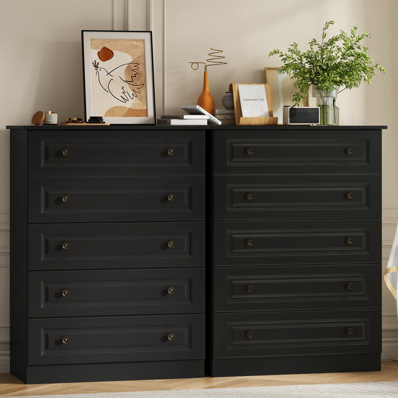 Ensemble de 2 commodes à 5 tiroirs modernes en bois l 29,5 po, Noir
