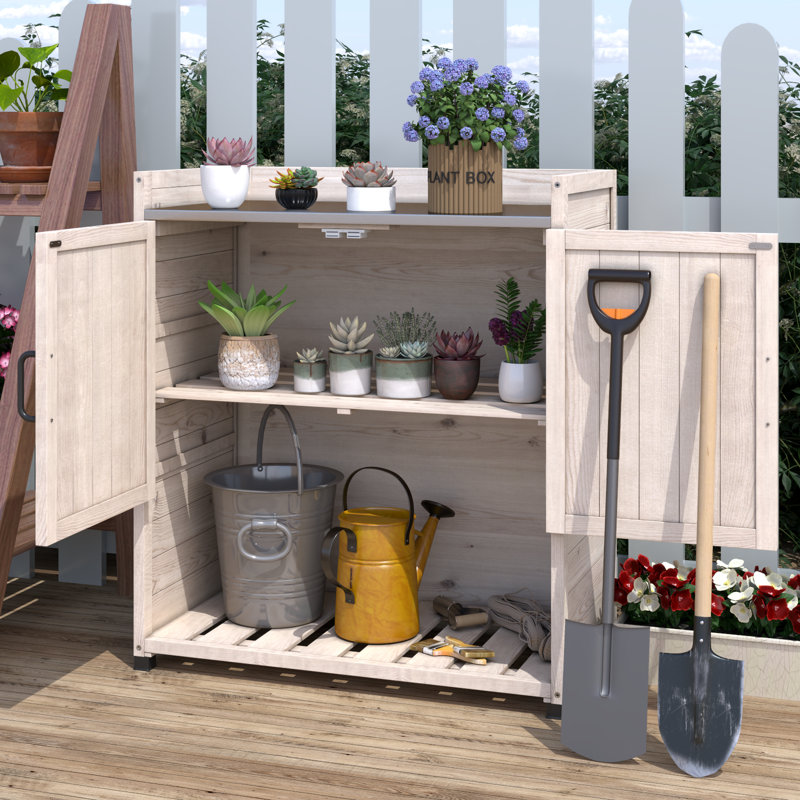 Armoire de rangement d'extérieur en bois avec tablette réglable, Beige