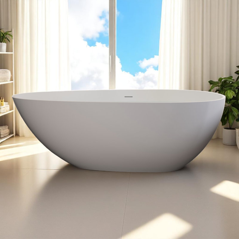 67" x 33.5" Matte Solid Surface Stone Resin Freestanding Soaking Bathtub, White