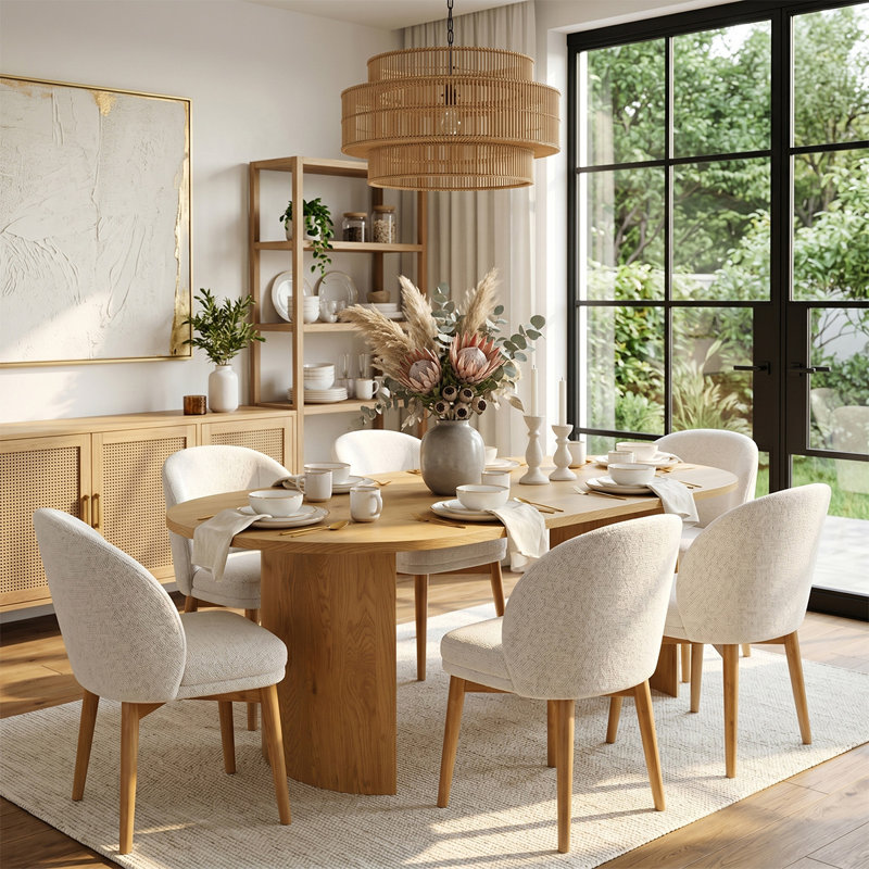 Modern 79" Oval Dining Set With 6 Upholstered Dining Chairs, Beige/Nature, Oak Wood
