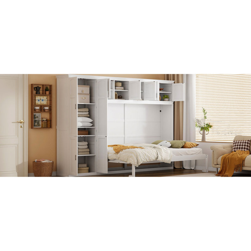 Lit grand avec finition blanche et armoires à utilisation efficace - Aménagement de décor intérieur