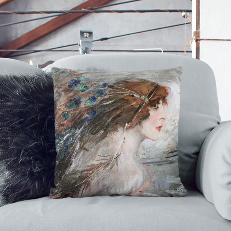 Woman With Peacock Feathers Square Throw Cushion, White, 40cm H x 40cm W x 15cm D
