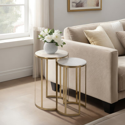 Sanches Round Marble Top Nesting End Tables with Gold Iron Metal Frame - Modern Side Tables for Living Room, Bedroom, Office or Entryway - White & Gold