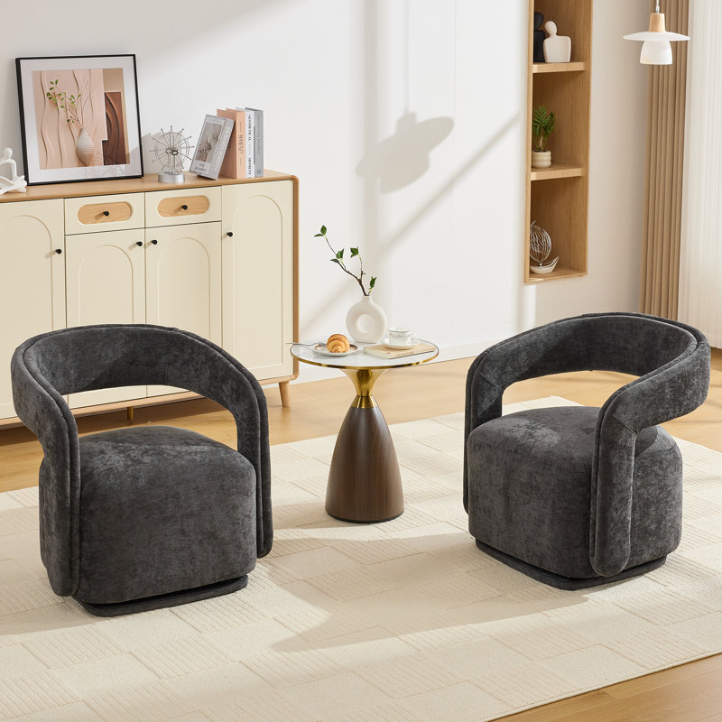 Set Of 2 Chenille Fabric 360° Swivel Accent Armchair, Upholstered Barrel Leisure Chair With Open Curved  Backrest, Dark Gray