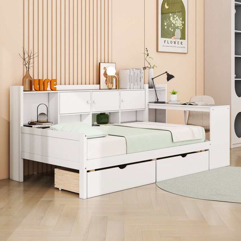 Lit de jour en L en bois avec tiroirs de rangement, tablettes et bureau, Simple, Blanc