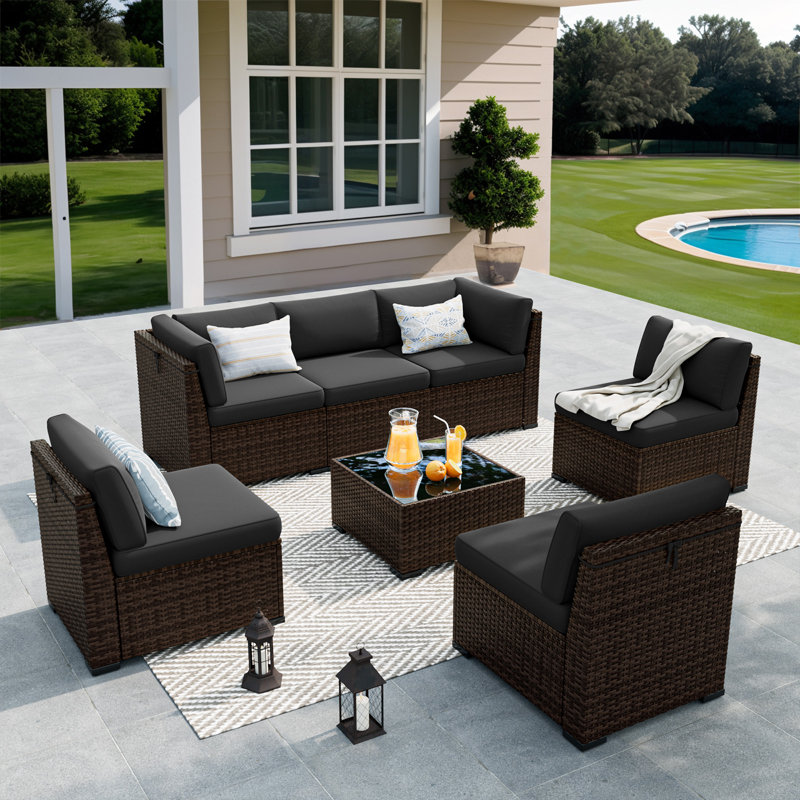 Treyshun Wicker 6-Person Sectional Conversation Sets with Cushions, Charcoal, No