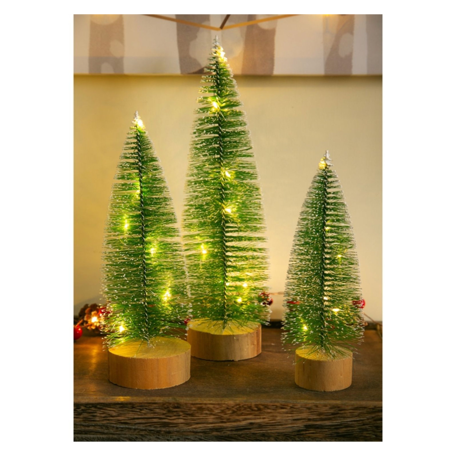 White Tipped Snow Covered LED Bottlebrush Trees, 3 Trees